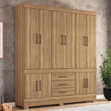 Imagem de Guarda Roupa Casal Hungria 10 Portas de Bater 3 Gavetas MDP Amêndola Touch
