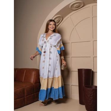 Imagem de Vestido Longo Indiano Viscose Manga Curta Boho Cor:AzulTamanho:Unico -
