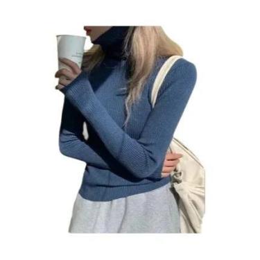 Imagem de Suéter Feminino De Tricô Gola Alta Slim Fit Quente De Inverno Cor Sóli