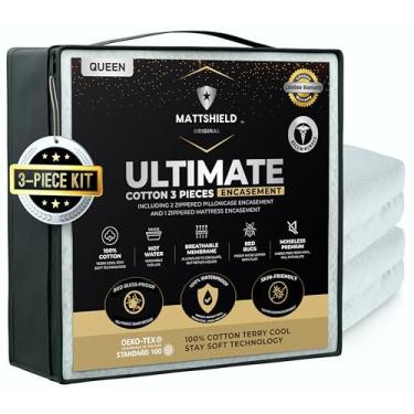 Imagem de MATTSHIELD Ultimate Kit de 3 peças - Capa de colchão à prova de percevejos Queen Size 100% algodão + 2 protetores de travesseiro com zíper - revestimento impermeável de 6 lados, kit de defesa total