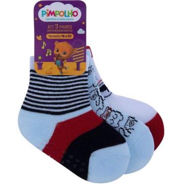 Imagem de Kit Meia 3 Pares Antiderrapantes Pimpolho Tamanho:16 a 20;Cor:Azul-claro