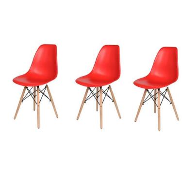 Imagem de Kit 3 Cadeiras Charles Eames Eiffel Vermelha Base Madeira - Impex Desi