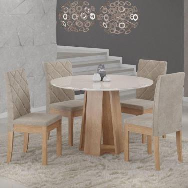 Imagem de Conjunto Sala de Jantar Mesa Redonda Tampo Vidro e MDF Styllo 4 Cadeiras Cristal Sonetto Móveis Marrom/Off White