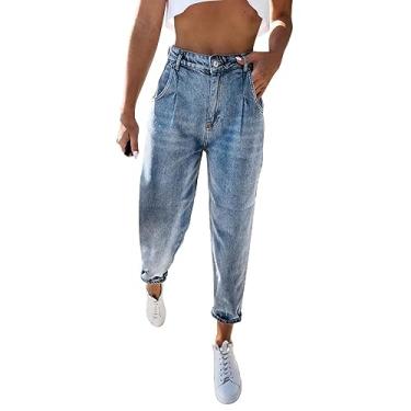 Imagem de Calça jeans feminina folgada sem fecho, cintura elástica, calça harém casual com bolsos, Azul, XXG