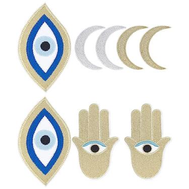 Imagem de AHANDMAKER 8 Patches Eye Moon Patches para roupas, patch bordado de olho turco fio metálico Hamsa costura à mão/aplique de ferro para jaquetas, camisetas, jeans, bolsas, bordados, acessório de vestuário