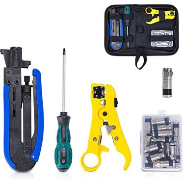 Imagem de Kit de crimpador de cabo coaxial KOTTO - Ferramenta de compressão ajustável para RG6, RG59, RG11 - Inclui decapador de cabo coaxial e conectores de compressão 20 F