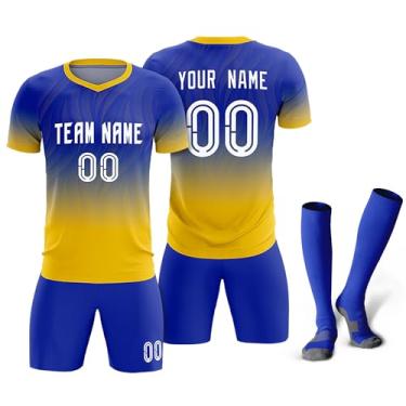 Imagem de Camisetas de futebol personalizadas com logotipo de número de nome masculino feminino infantil camisas de futebol personalizadas uniformes de equipe camiseta juvenil, Azul royal/amarelo/gradiente15,