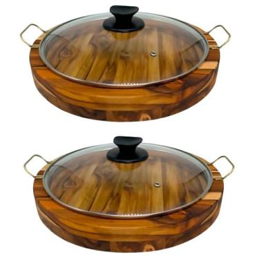 Imagem de Kit 2 Gamela Com Alça De Madeira Churrasco Redonda C/ Tampa - Le Reque