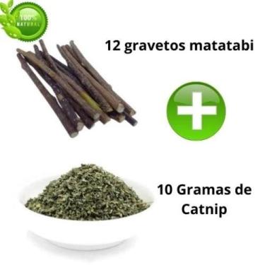 Imagem de kit gatinho feliz,12 bastões de matatabi mais 10grs de catnip os gatos