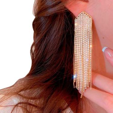 Imagem de Brinco Festa Feminino Strass Pedra Delicado Franja Largo - anjo da mam