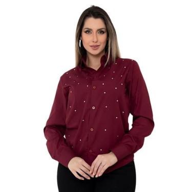 Imagem de Camisa Social Feminina Manga Longa Slim Vinho com Strass - Pthirillo, 
