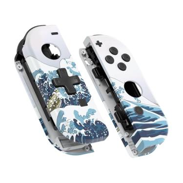 Imagem de eXtremeRate Caixa de controle portátil The Great Wave Joycon de toque suave (versão D-Pad) com botões completos, capa de substituição para Nintendo Switch e Switch OLED Joy-Con – Capa de console não
