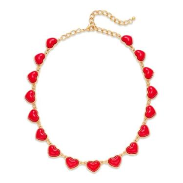 Imagem de WOWORAMA Colar gargantilha de coração vermelho para mulheres, colar com pingente de coração de amor esmaltado vermelho, colar de coração ajustável para casamento, presente de dia dos namorados,