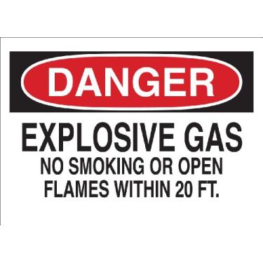 Imagem de Brady 43008 Placa de alumínio para produtos químicos e materiais perigosos, 25,4 cm x 35,5 cm, legenda "gás explosivo não fumar ou chamas abertas dentro de 20 pés"