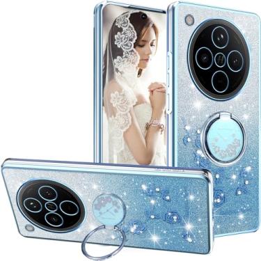 Imagem de Ephoou Capa fina para OnePlus 13 de 6,8 polegadas, brilhante, brilhante, flores de diamante, design floral, capa de silicone macio com suporte de anel para OnePlus 13 HSF-azul