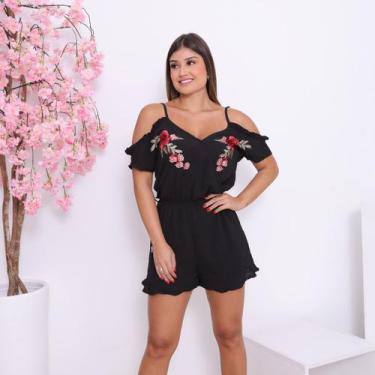 Imagem de Macaquinho Feminino bordado com Flor, Decote Cruzado e Elástico na Cin