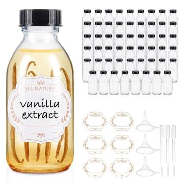Imagem de Elumeiro Garrafas de vidro de 118 ml com tampas, pacote com 54 recipientes pequenos de vidro transparente com funis, etiquetas, garrafas redondas de amostra Boston para suco, doses de gengibre,