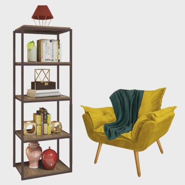 Imagem de Kit Poltrona Fatte com Manta Soft Verde e Estante Livreiro Ferro Marrom mdf Imbuia Suede Amarelo - Ahz Móveis