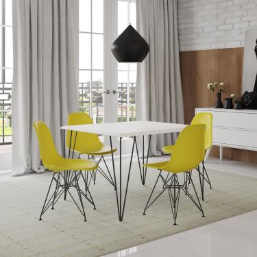 Imagem de Conjunto De Mesa Eames Clips De Ferro Preto Tampo Branco 120x75 4 Cadeiras Ferro Preta Assento Amarelo