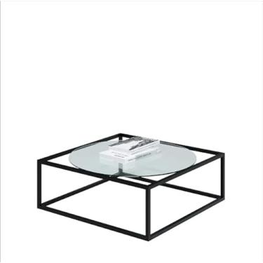 Imagem de Mesa De Centro Sala 84x84x35cm Aço Preto e Vidro Industrial Moon