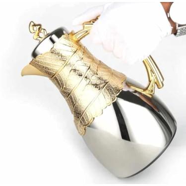 Imagem de Garrafa Térmica Árabe de Pressão, 1 Litro, Design Folha Prateado com Dourado, Metal, La Francesa