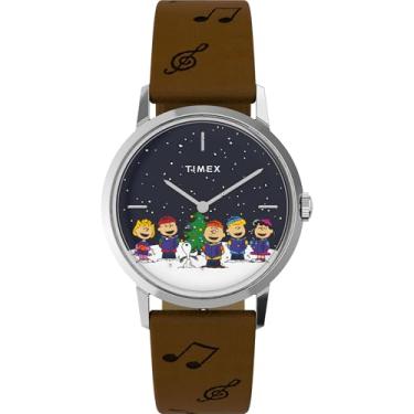 Imagem de Timex Relógio unissex Marlin Hand-Wound x Peanuts "The Gang Singing" de 34 mm - marrom com duas peças de liberação rápida, mostrador azul, caixa de aço inoxidável, Marrom
