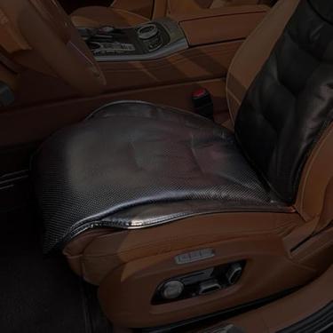 Imagem de Almofada de assento universal de couro genuíno para carro, SUV's Wagon lombar nas costas, camada superior de couro bovino, almofada frontal e traseira mais conforto acolchoado (preto brilhante