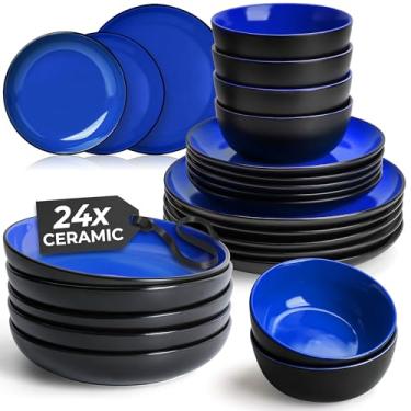 Imagem de MIAMIO – Serviço para 6 louças/conjunto de louça de grés – incluindo pratos, tigelas e canecas – seguro para micro-ondas e lava-louças – Coleção Le PaPillon (azul, 24 peças)