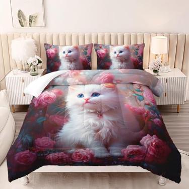 Imagem de AILONEN Conjunto de edredom fofo de gato branco para todas as estações, tamanho casal, kawaii, animal gatinho, perfeito para amantes de gatos, conjunto de edredom romântico floral rosa rosa, 3 peças