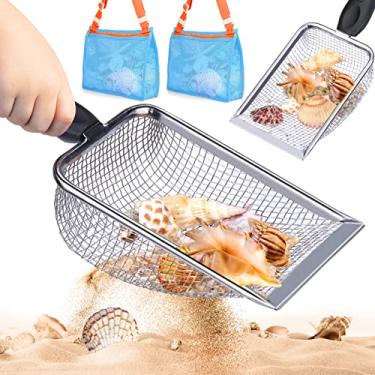 Imagem de Vodolo 2 PCS Beach Mesh Shovel with 2 PCS Mesh Beach Bag for Filter Sand, Kids Shell Collecting Scooper for Picking Up Shells, Shark Tooth Sifter for Boys and Girls, Beach Toy