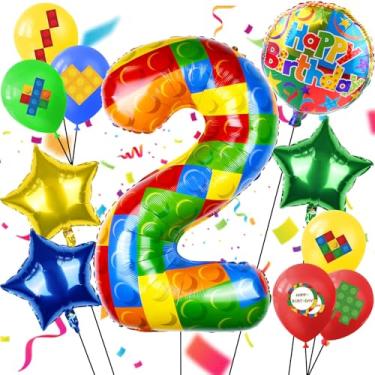 Imagem de 40 Inch Building Block Number Balloon, Colorful Number Block Foil Number 2 Balloons Large Big Numbers Helium Balloon for Girls Boys 1th Birthday Brick Theme Party Decorations (Number 2)