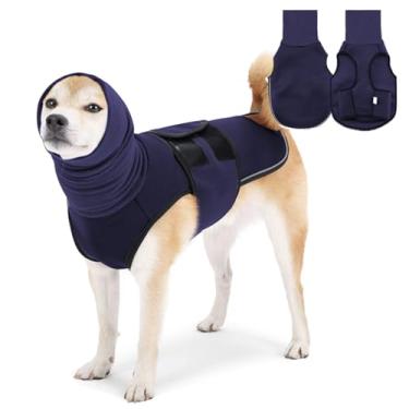 Imagem de Colete com capuz calmante para cães, jaqueta respirável para ansiedade com capa de cabeça para alívio da ansiedade e proteção de orelha, arnês ajustável com capuz macio para cães (azul-marinho, PP)