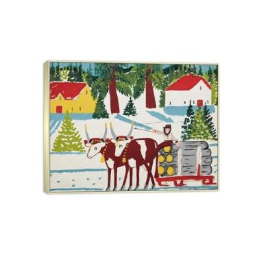 Imagem de Maud Lewis Famosa Pintura-Impressões em Tela Reprodução-Quadro Sala de Estar(Oxen Hauling Logs) 60x80cm-23x31in Moldura de Prata