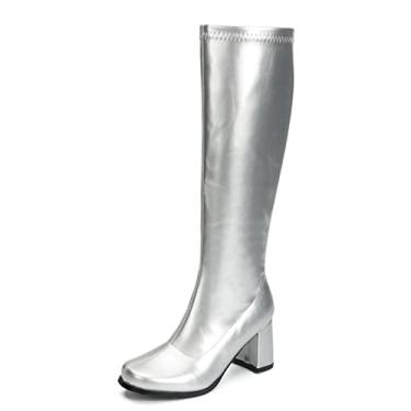 Imagem de Botas femininas Go Go Botas Over The Knee Block Heel Zíper Boot, Prata, 7.5
