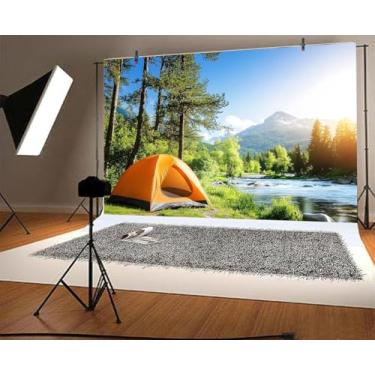 Imagem de Cenário de acampamento de 2,8 x 1,8 m, barraca de acampamento ao ar livre, floresta verde, pinheiros, cenário de lago, cenário, acampamento, piquenique, acampamento, acampamento, decoração de festa,