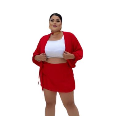 Imagem de Conjunto Plus Size Short Saia com Laço Lateral Blusa Kimono-Feminino