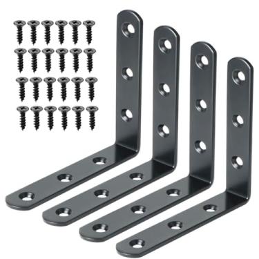 Imagem de Alise 4 peças de suportes de canto resistentes, suportes de prateleira flutuantes pretos de 10 x 10 cm para prateleiras, suportes de montagem de parede em forma de L de aço inoxidável, suporte de