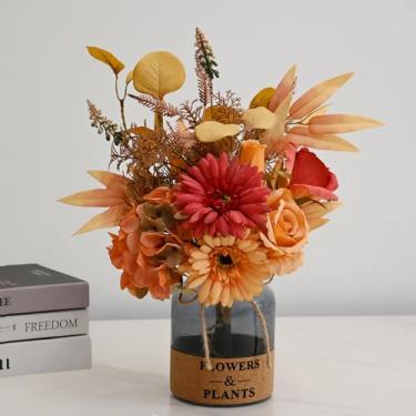 Imagem de LADADA Arranjo de flores artificiais em vaso de vidro com tema de outono, buquê de rosa gérbera sintética com folhagem de outono para decoração de casa, centro de mesa (laranja)