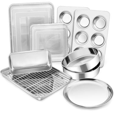 Imagem de P&P CHEF Conjunto de utensílios de cozinha de aço inoxidável, conjunto de 12 peças, assadeira com rack, forma de bolo quadrada com tampa, forma de lasanha, forma de pão, forma de muffin, bandeja de