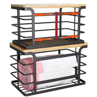 Imagem de Sevenblue Pacote com 2 porta-sacos de lixo empilháveis com parte superior de bambu, 2025 Pro suporte de parede para lavanderia, ganchos ajustáveis para porta de armário – organizadores na cozinha