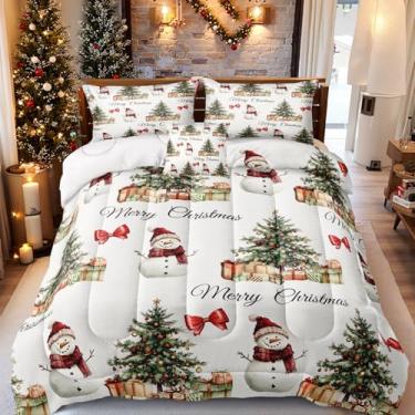 Imagem de Merryword Conjunto de edredom Queen com árvore de Natal branca, 4 peças, boneco de neve fofo, gravata borboleta vermelha para meninas e adolescentes
