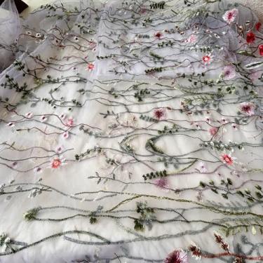 Imagem de Delicado tecido de renda floral com 3 metros bordado folhas florais tule para vestido de formatura cor lilás