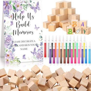 Imagem de Dinifee Conjunto de 125 peças para decorar um jogo de blocos para chá de bebê, inclui placa Help Us Build Memories, 100 blocos de madeira em branco faça você mesmo, 24 marcadores de tinta, prêmio para