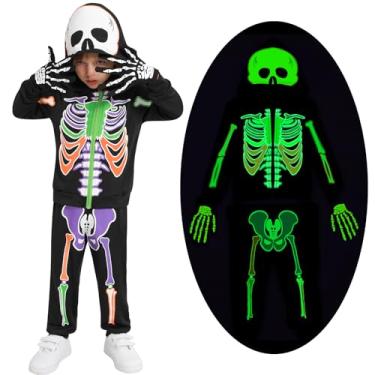 Imagem de Weixinbuy Skwleton Skwleton infantil fantasia de Halloween Skwleton moletom com zíper conjunto de calças com capuz e luvas luminosas roupas de Halloween para meninos e meninas 7-8 anos