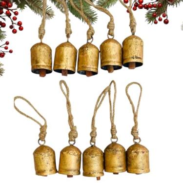 Imagem de Mie Creations Conjunto de 10 sinos de vaca vintage rústicos, sinos de Natal feitos à mão em corda de juta, enfeites decorativos de árvore de Natal, sinos de 6,3 cm para artesanato, guirlanda de metal