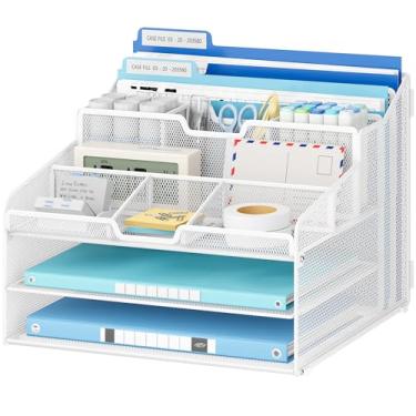 Imagem de Lavatino Organizador de arquivos de papel de mesa – malha de metal com 2 bandejas de letras, 7 divisórias flexíveis, 2 suportes de pasta de arquivo verticais para escritório/casa/material de sala de