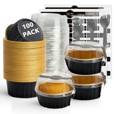Imagem de Ruckae 100 peças de mini formas redondas para assar com tampas, mini formas de bolo com tampas, copos descartáveis de ramequins de alumínio para festa de aniversário, casamentos (ouro preto, 142 g)