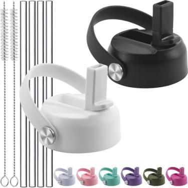 Imagem de Tampas de canudo para Hydroflask boca larga 947 ml 1,134 g, tampa de canudo à prova de vazamento de substituição com alça flexível, tampa fácil sem BPA para Hydro Flask 16 18 garrafas de 1,8 g - preto