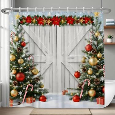 Imagem de OFILA Cortina de chuveiro de Natal para banheiro casa de fazenda rústica branca porta de celeiro Natal pinheiro neve inverno cortinas de chuveiro impermeável tecido de poliéster decorativo ano novo