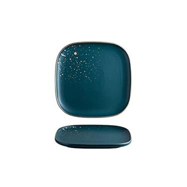Imagem de Prato de serviço pratos de jantar de porcelana elegante borda dourada fosca pratos de servir quadrados para bife sobremesa macarrão e aperitivo pratos de jantar pratos verdes (cor: verde escuro